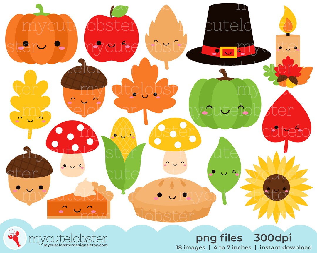 Set of high quality hand drawn Kawaii Thanksgiving clipart