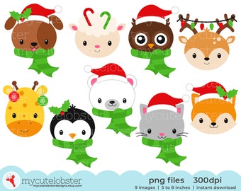 Christmas Animal Faces Clipart - cute animals clip art set, owl, fox, penguin, deer - Instant Download, Personal Use, Commercial Use, PNG