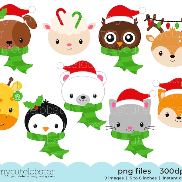 Christmas Animal Faces Clipart - cute animals clip art set, owl, fox, penguin, deer - Instant Download, Personal Use, Commercial Use, PNG