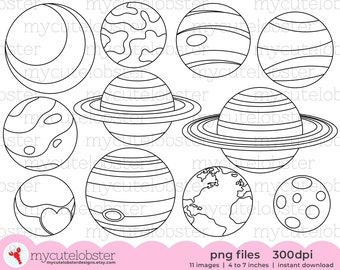 Solar System Digital Stamps - planets line art, digi stamp set, Earth, Mars, outlines - Instant Download, Personal Use, Commercial Use, PNG