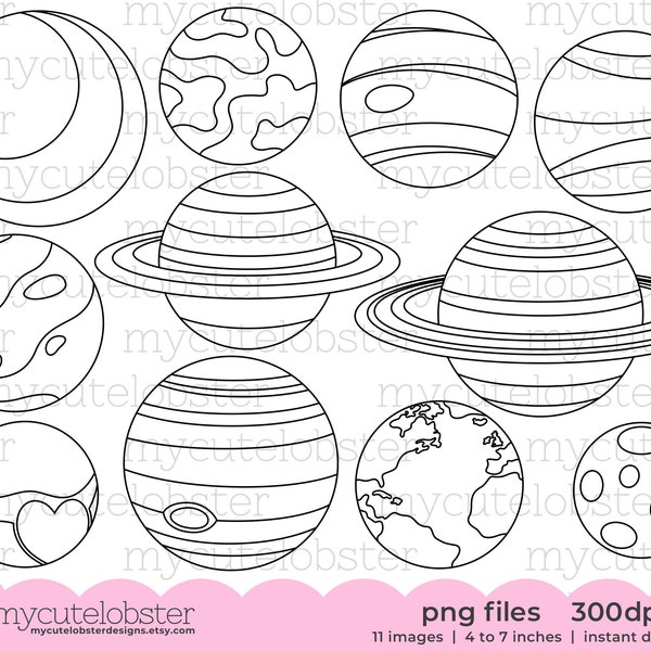 Solar System Digital Stamps - planets line art, digi stamp set, Earth, Mars, outlines - Instant Download, Personal Use, Commercial Use, PNG