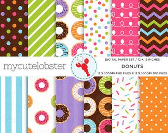 Donuts Digital Paper Set - patterned paper, doughnuts, sprinkles, polka, stripe - Instant Download, Personal Use, Commercial Use, PNG