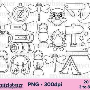 Carimbos digitais para acampamento - arte de linha para acampamento, contornos, barraca, tocha, coruja, conjunto de carimbos digitais - Download instantâneo, uso pessoal, uso comercial, PNG