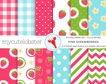 Pink Strawberries Digital Paper Set - strawberry patterned paper pack, polka, gingham - Instant Download, Personal Use, Commercial Use, PNG