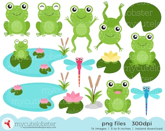 Frogs Clipart Set - clip art set of frogs, lilypads, frog, dragonflies, cute frogs - Instant Download, Personal Use, Commercial Use, PNG