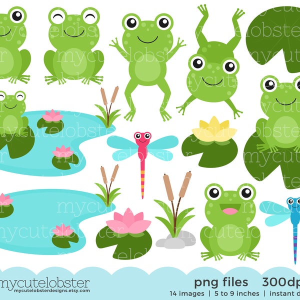 Frogs Clipart Set - clip art set of frogs, lilypads, frog, dragonflies, cute frogs - Instant Download, Personal Use, Commercial Use, PNG