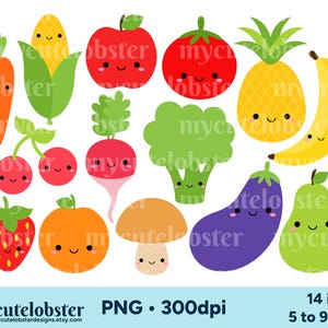 Cute Fruit & Vegetables Clipart - set of strawberry, carrot, peas, cute food clip art - Instant Download, Personal Use, Small Commercial Use