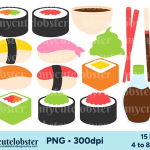 Clipart sushi - ensemble de rouleaux de sushi, sushi de poisson, wasabi, sauce soja, sushi clip art set - téléchargement immédiat, usage personnel, usage commercial, PNG