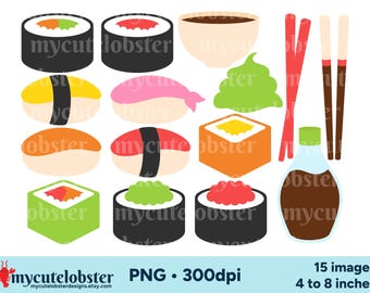 Sushi Clipart - set of Sushi Rolls, Wasabi, Chopsticks - PNG Digital Download