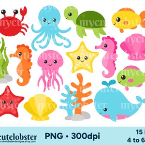 Conjunto de clipart de criaturas marinhas - clipart de animais marinhos, caranguejo, peixe, polvo, tartaruga, oceano - Download instantâneo, uso pessoal, uso comercial, PNG