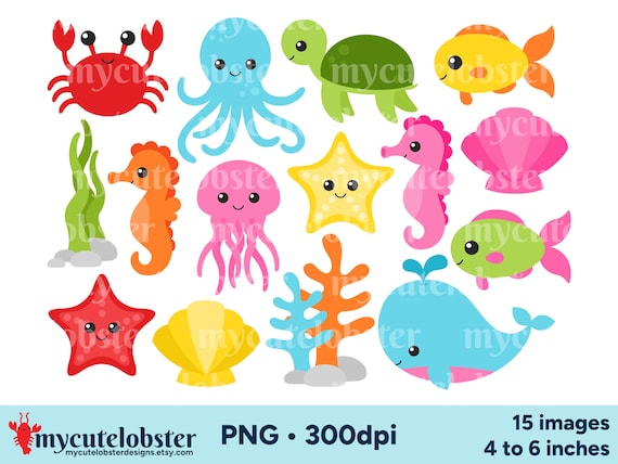 Sea Animals Clipart - ocean clip art set, animal graphics, PNG Digital Download