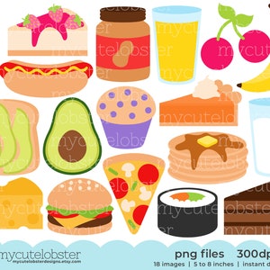 Food Assortment Clipart - set of food, burger, pizza, cheesecake, avocado clip art - Instant Download, Personal Use, Commercial Use, PNG