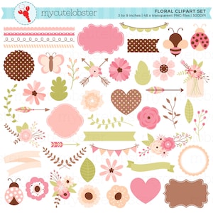 Floral Clipart Set - digital elements - flowers, banners, frames, bunting, clip art - Instant Download, Personal Use, Commercial Use, PNG