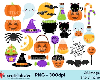 Könnte beinhalten: Ein Set mit 26 Halloween-Clipart-Bildern im PNG-Format, mit einer Vielzahl von niedlichen und gruseligen Figuren, Objekten und Symbolen. Die Bilder haben eine Auflösung von 300 dpi und sind zwischen 7,6 und 17,8 cm groß. Das Set enthält einen Geist, einen Hexenhut, einen Kessel, eine Spinne, einen Halbmond, einen Mais, ein Spinnennetz, eine Fledermaus, einen Lolli, einen Cupcake, ein Bonbon, einen Kürbis, eine schwarze Katze und eine Zaubertrankflasche.