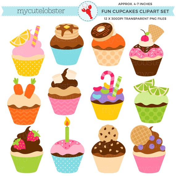 Fun Cupcakes Clipart Set Clip Art Set Of Cupcakes Candy Etsy