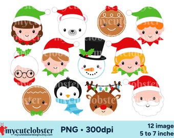 May include: Twelve Christmas-themed cartoon character illustrations, including a gingerbread person, a penguin, a snowman, a reindeer, Santa Claus, and elves. The illustrations are in a cute, cartoon style and are perfect for use in holiday crafts, cards, and decorations.