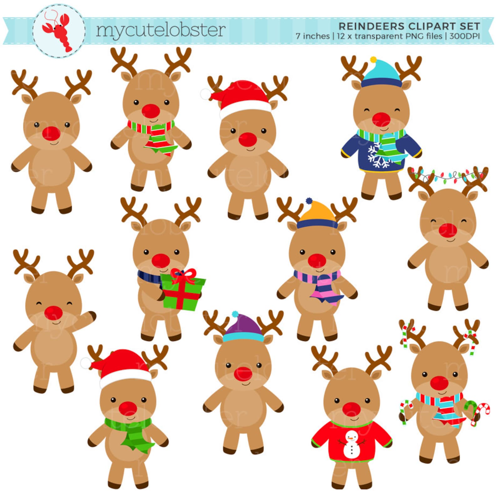 Reindeers Clipart Set Clip Art Set Of Reindeers Christmas Etsy