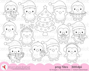 Christmas Penguins Digital Stamps - penguins line art, outlines, cute penguins stamps - Instant Download, Personal Use, Commercial Use, PNG