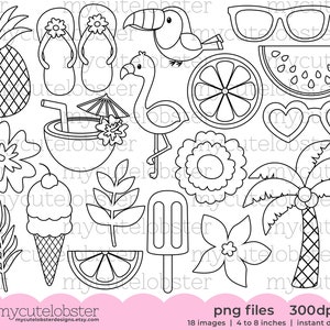 Tropical Fun Digital Stamps - outlines, line art, flamingo, pineapple, toucan, summer - Instant Download, Personal Use, Commercial Use, PNG