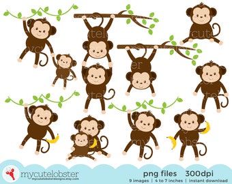 Monkeys Clipart Set - clip art set of cute monkeys, monkey, baby, safari, jungle - Instant Download, Personal Use, Commercial Use, PNG