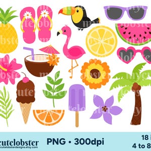 Clipart de diversión tropical, clipart de verano, clipart de flamenco, PNG tropical, clipart de tucán, clipart de playa, uso personal, uso comercial