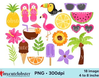 Tropical Clipart - summer clip art set, beach graphics, PNG Digital Download