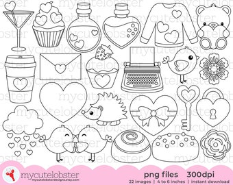 Valentine's Digital Stamps - digi stamp set, romance, love, Valentine's Day line art - Instant Download, Personal Use, Commercial Use, PNG