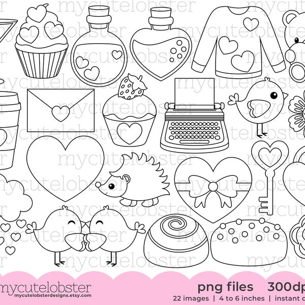 Valentine's Digital Stamps - digi stamp set, romance, love, Valentine's Day line art - Instant Download, Personal Use, Commercial Use, PNG