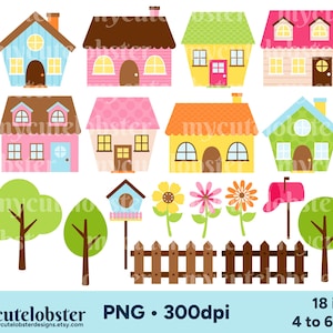 Clipart z małymi domkami, Clipart z domkami, Słodkie domki PNG, Clipart z budynkami, Clipart z kolorowymi domkami, Do użytku osobistego, Do użytku komercyjnego