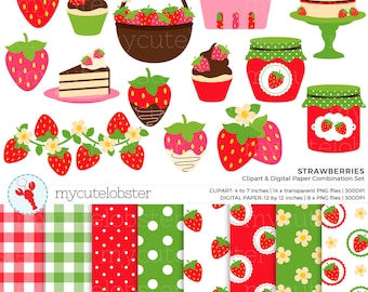 Strawberries Clipart & Digital Paper Set - strawberry clip art set, jam, cake, berry - Instant Download, Personal Use, Commercial Use, PNG