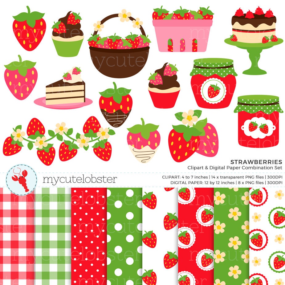 Buy Strawberries Clipart \u0026 Digital Paper Set - Strawberry Clip Art Set,  Jam, Cake, Berry - Instant Download, Personal Use, Commercial Use, PNG  Online in India - Etsy, image size:925x925