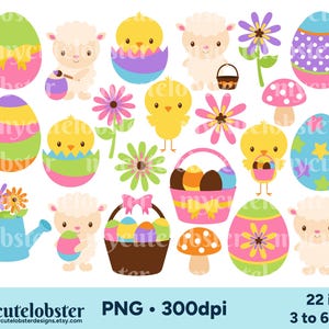 Easter Chicks & Lambs Clipart - set paaseieren, bloemen, paddenstoelen, schattige dieren - Instant Download, persoonlijk gebruik, commercieel gebruik, png