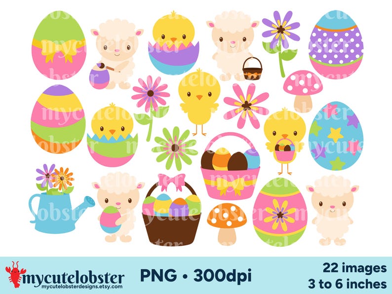 Clipart images featuring illustrations of Easter chicks and lambs, including chicks, lambs, eggs, flowers, mushrooms, egg baskets and watering can.