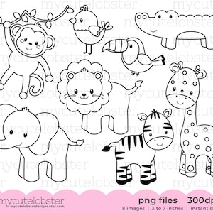 Baby Safari Animals Digital Stamps - outlines, line art, giraffe, monkey, digi stamps - Instant Download, Personal Use, Commercial Use, PNG