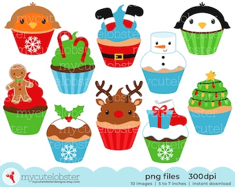 Christmas Cupcakes Clipart - festive Christmas food clip art graphics, PNG Digital Download