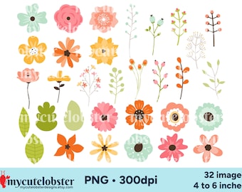 Floral Clipart, Flowers Clipart, Leaves Clipart, Buds Clipart, Floral PNG, Flower Graphics, Personal Use, Commercial Use