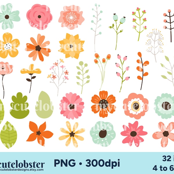 Floral Clipart - flowers graphics, wedding clip art, PNG Digital Download