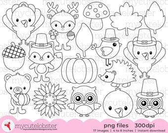 Thanksgiving Friends Digital Stamps - cute animals, fox, turkeys, digital stamp set - Instant Download, Personal Use, Commercial Use, PNG