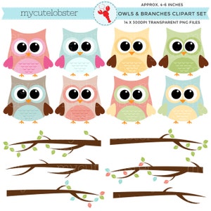 Owls and Branches Clipart Set - clip art set of owls, branches - Instant Download, Personal Use, Commercial Use, PNG