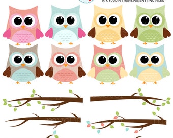Owls and Branches Clipart Set - clip art set of owls, branches - Instant Download, Personal Use, Commercial Use, PNG