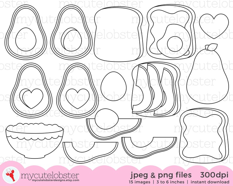Download Clip Art Art Collectibles Small Commercial Use Instant Download Avocado Line Art Stamps Outlines Personal Use Avocado Digital Stamps Avocado Toast
