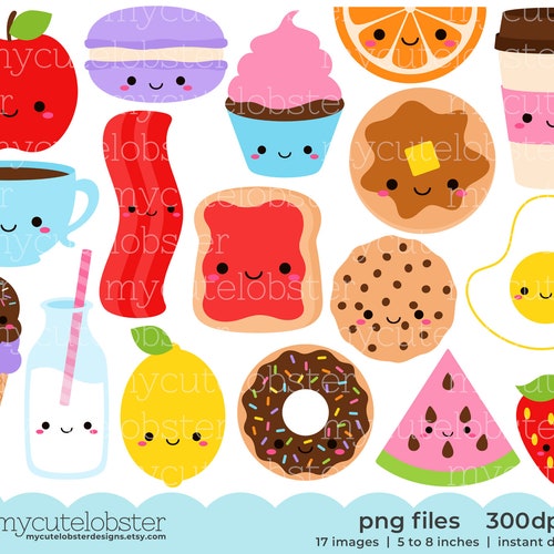 Cute Savory Food Collection Clipart Set of Happy Food - Etsy