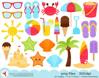 Beach Clipart Set - sandcastle, summer, sunglasses, palm tree, crab, clip art set - Instant Download, Personal Use, Commercial Use, PNG