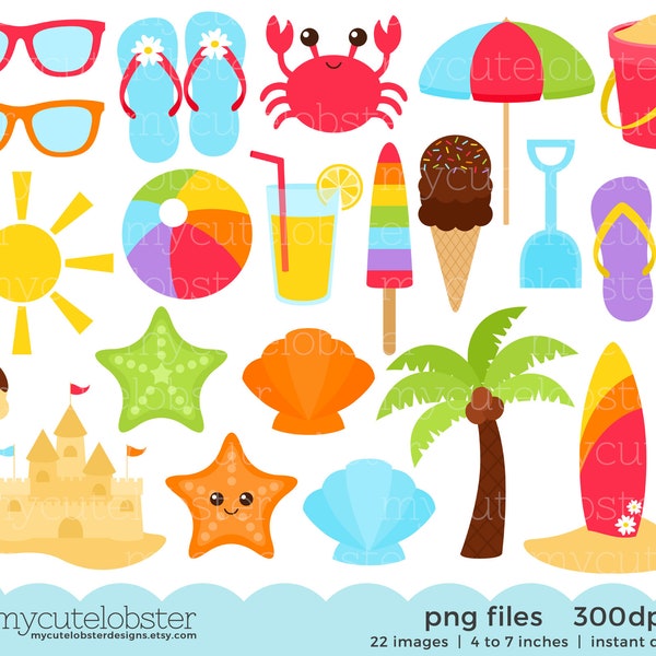 Beach Clipart Set - sandcastle, summer, sunglasses, palm tree, crab, clip art set - Instant Download, Personal Use, Commercial Use, PNG