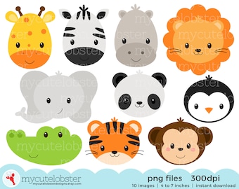 Wild Animal Faces Clipart Set - giraffe, crocodile, panda, lion, tiger, animal faces - Instant Download, Personal Use, Commercial Use, PNG