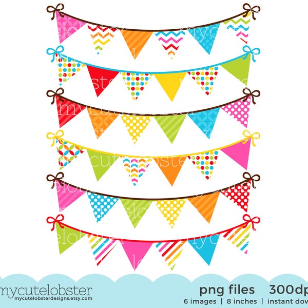 Bunting Clipart Set - rainbow brights - clip art set of patterned bunting, digital - Instant Download, Personal Use, Commercial Use, PNG
