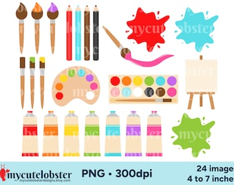 Painting Clipart - set of art supplies, artist graphics, paint palette, PNG Digital Download