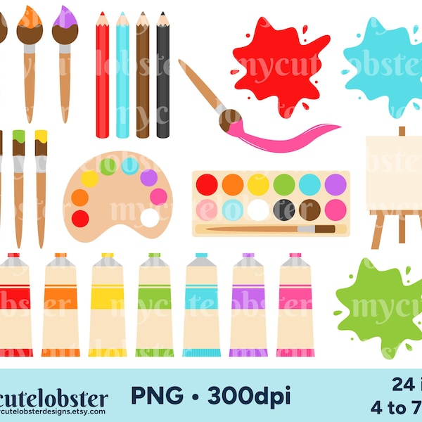 絵画クリップアート - 画材セット、アーティストグラフィック、ペイントパレット、PNGデジタルダウンロード
