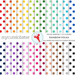 Rainbow Polka on White Digital Paper Set - polka dot paper, rainbow polka dot, spot - Instant Download, Personal Use, Commercial Use, PNG