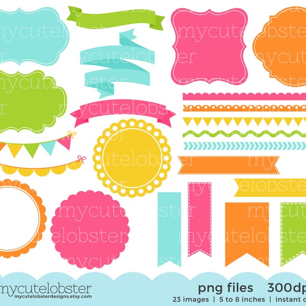 Borders, Banners & Frames Clipart Set - frames, tags, borders, bunting clip art set - Instant Download, Personal Use, Commercial Use, PNG